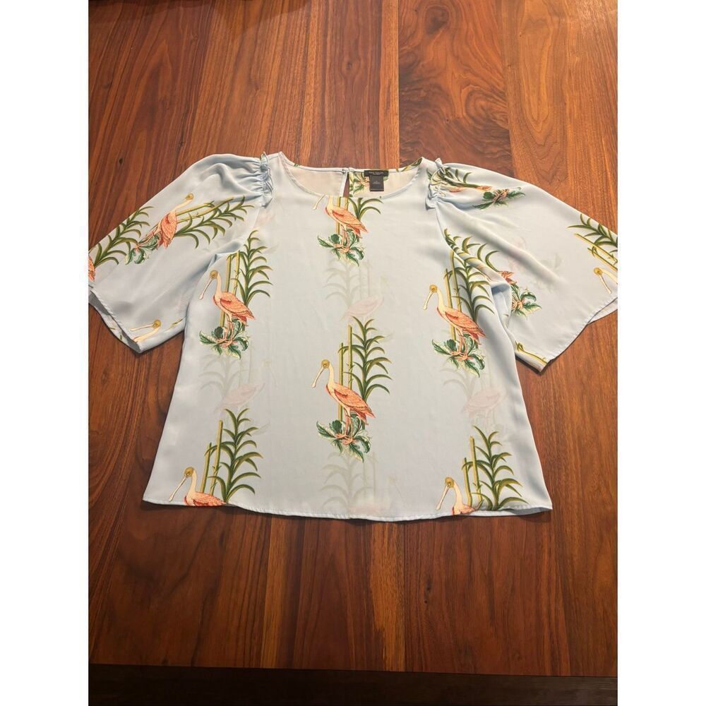 Ann Taylor Light Blue Roseate Spoonbill Bird Tropical Short Sleeve Blouse Top Sm